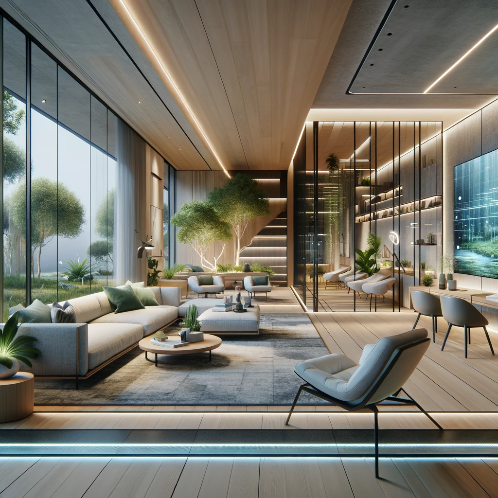2024 Interior Design Trend - capturing the essence of home with a blend of natural materials and advanced technology. This design embodies a stylish and futuristic atmosphere.